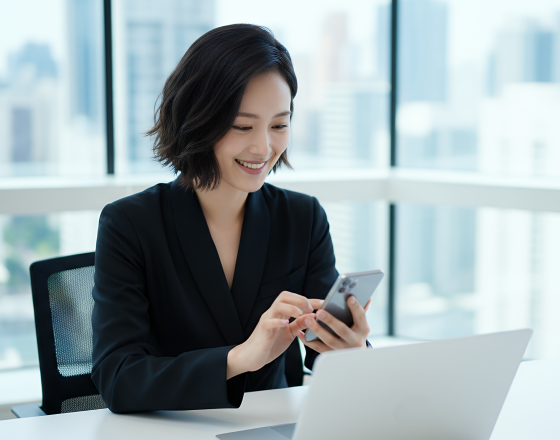 笑顔でスマホを触るノートパソコンに向かう女性